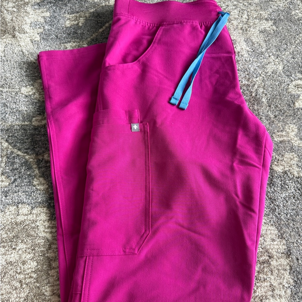 Figs Women's Scrub Pants Raspberry Sorbet with Blue Drawstring